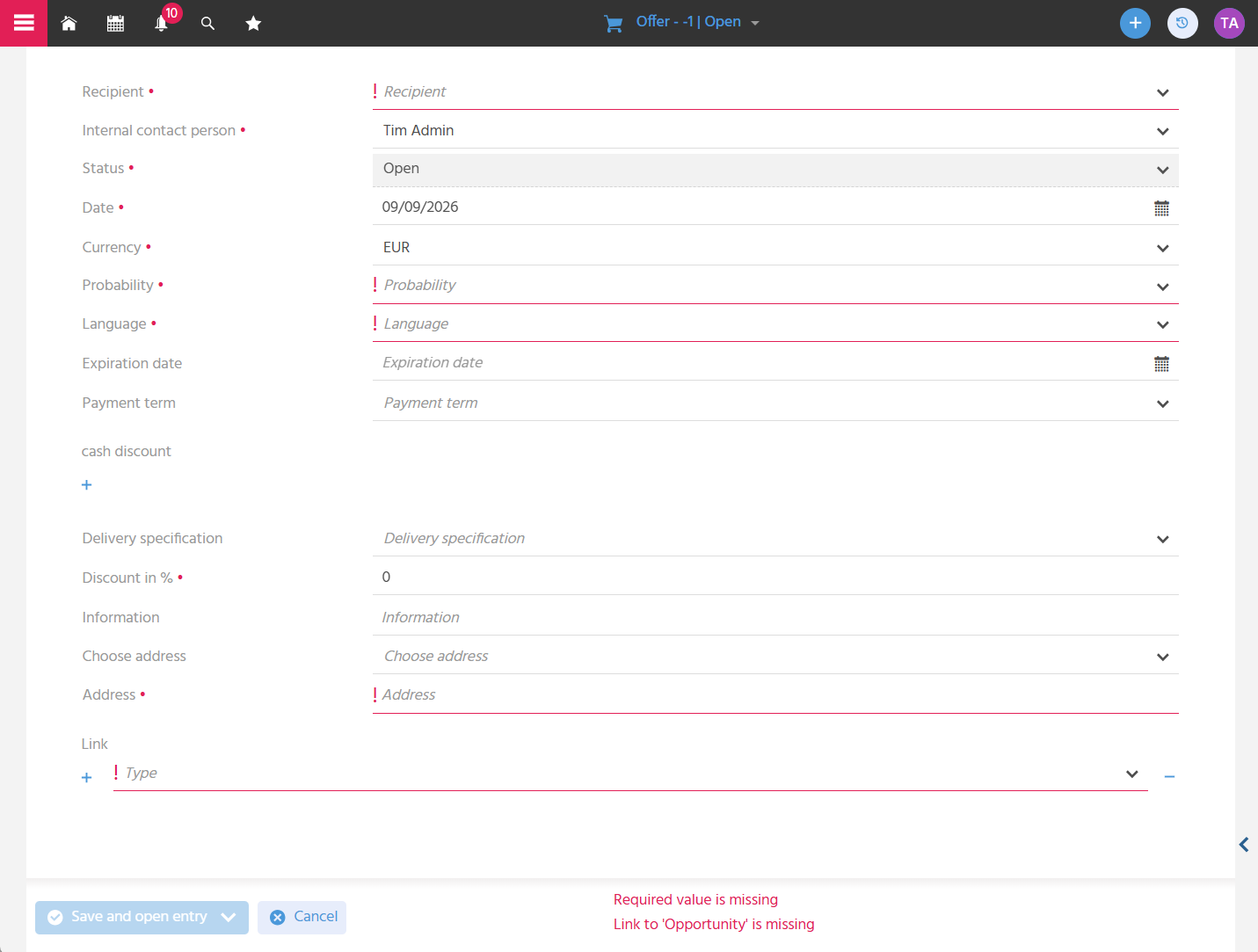 EditView of an offer in ADITO xRM with various editfields
