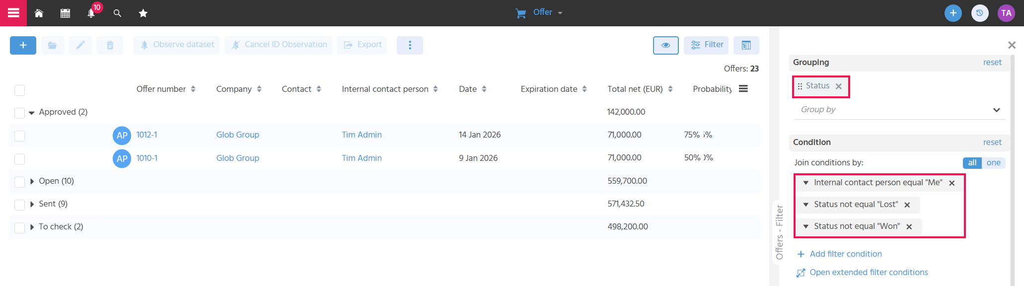 View of the offer FilterView with the grouping and filter conditions mentioned in the text