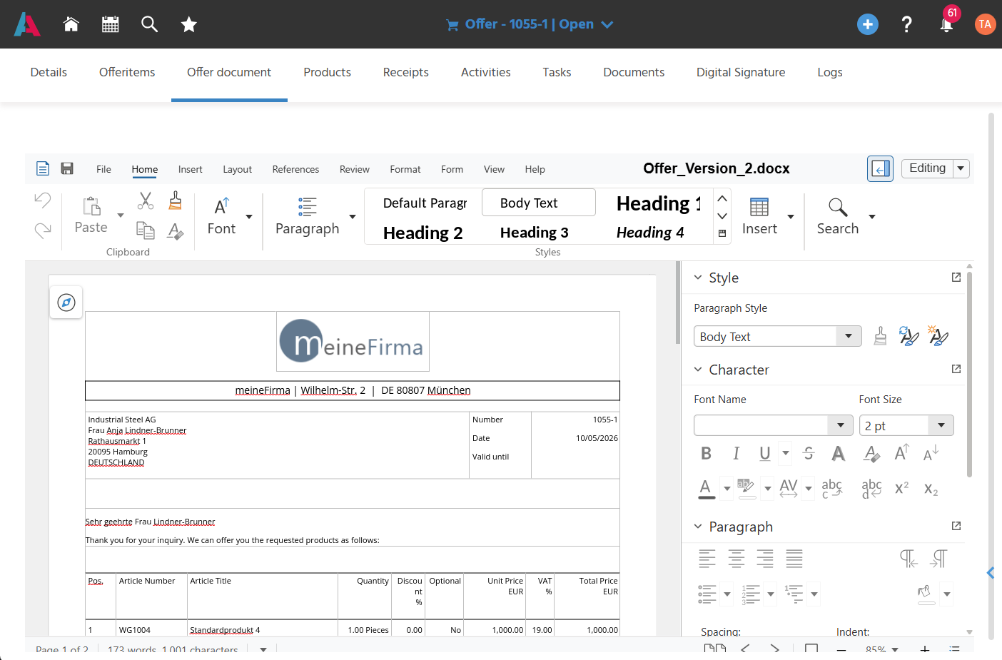 MainView of an offer. The "Offer Document" tab is open.