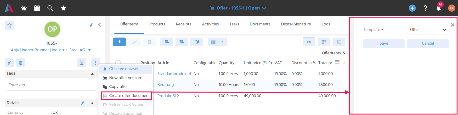 MainView of an offer. The selection window of the "Further Actions" is open and the "Create Offer Document" Action is highlighted. An arrow points from the Action to the open SmallEdit, in which an offer template can be selected.