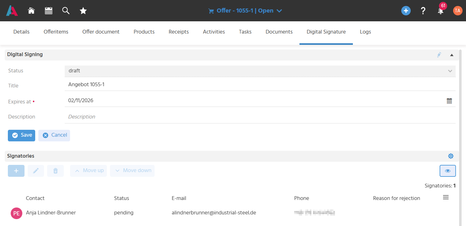 MainView of an offer with the "Digital Signature" tab open.