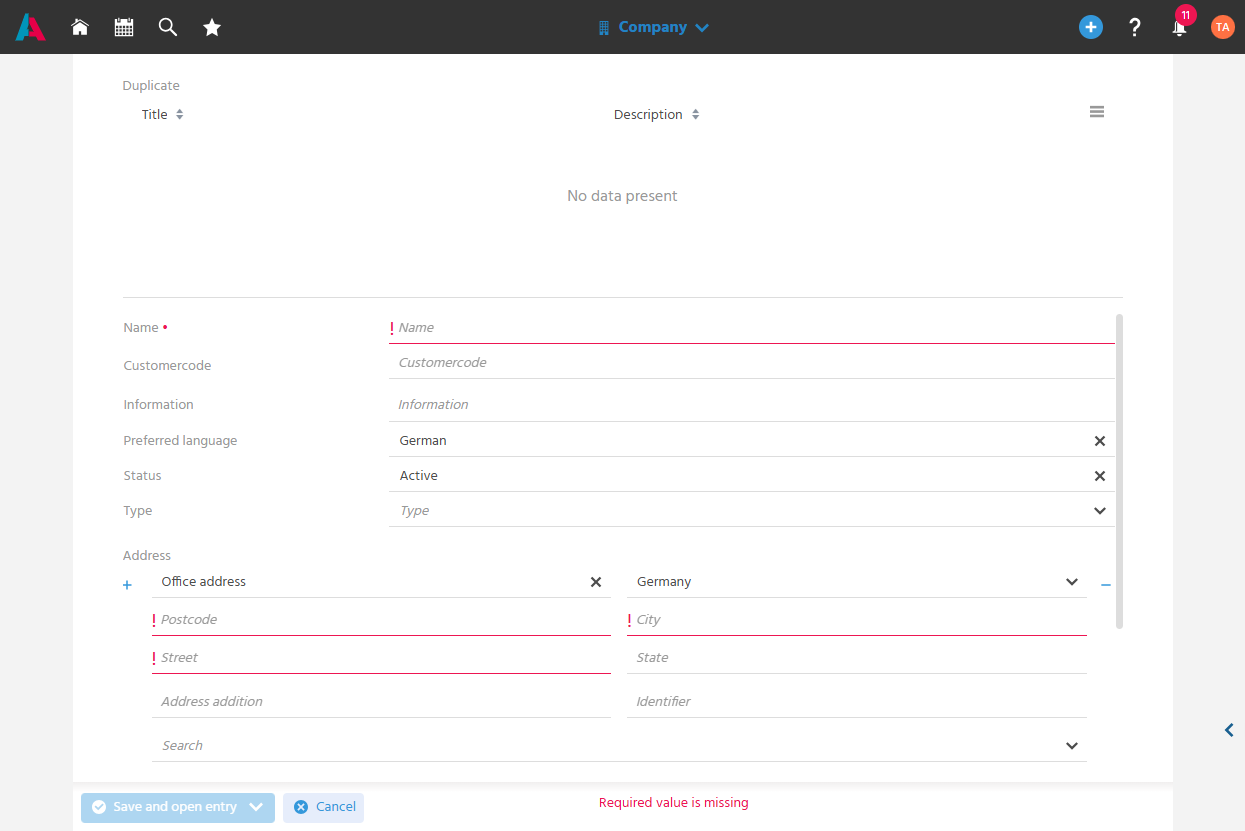 EditView of a new record (example: Company) with required fields and plus/minus buttons on repeatable field blocks