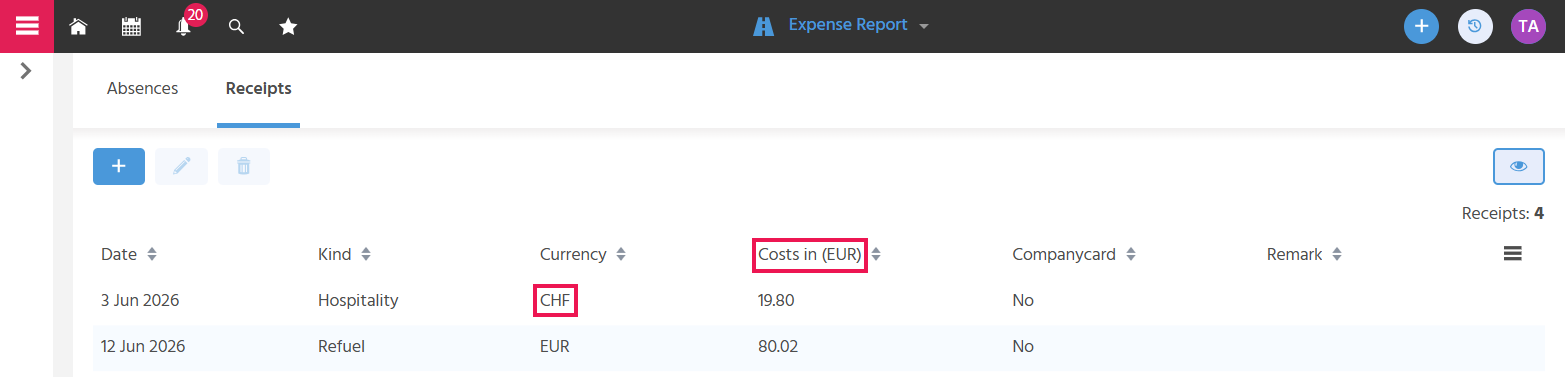 The "Receipts" tab is displayed with a foreign currency receipt