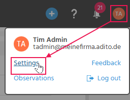 Steps for opening the settings via the User Menu