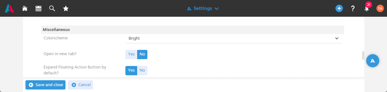 User Menu settings with selection of the color scheme Light, Dark, Contrast