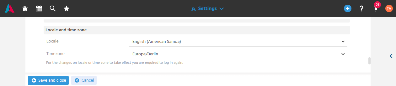 User Menu with settings for locale and timezone