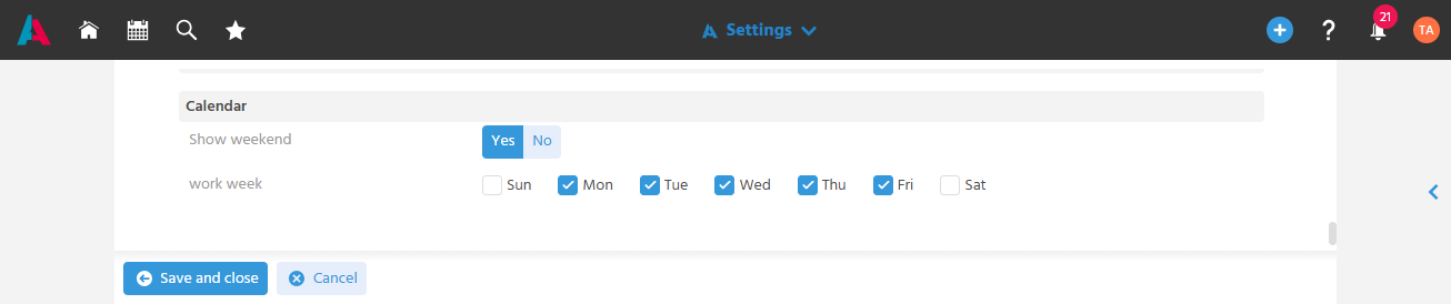 User Menu with settings for the calendar display