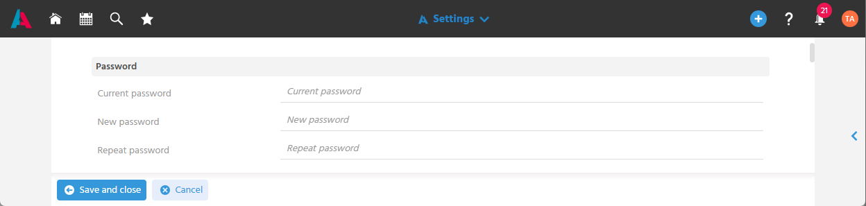 User Menu with option for changing the password