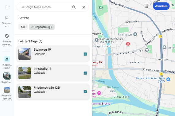 This shows an excerpt of Google Maps displaying the recently used destinations.