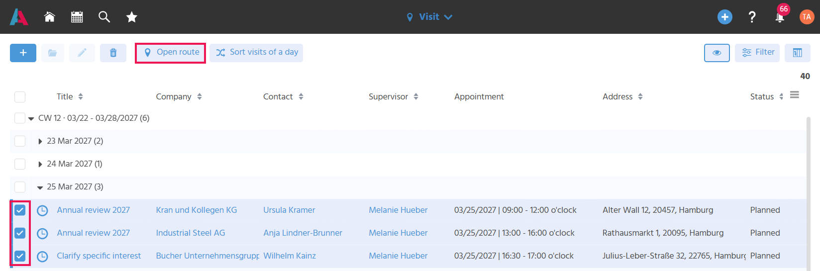 This shows the FilterView of the Context "Visit". Four visit records are selected, and the Action "Open Route" in the Action bar is outlined in red to highlight it visually. The preview of a visit record is also displayed. There, the hourglass ("Create Activity") is outlined in red, as are the Actions "Create Task" and "Create Opportunity" under "Further Actions".