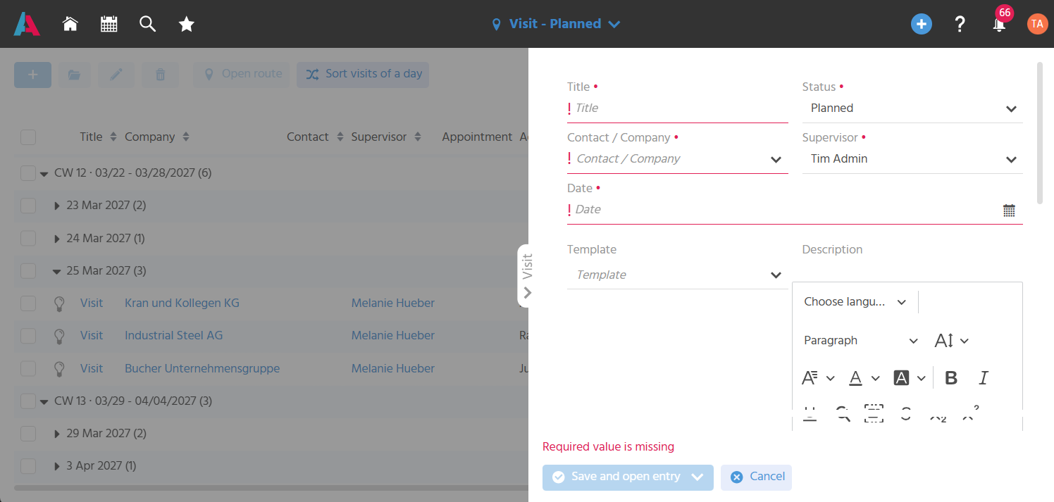This shows the SmallEdit for capturing a new visit record with the fields "Title", "Status", "Contact/Company", "Supervisor", "Date" and "Description".