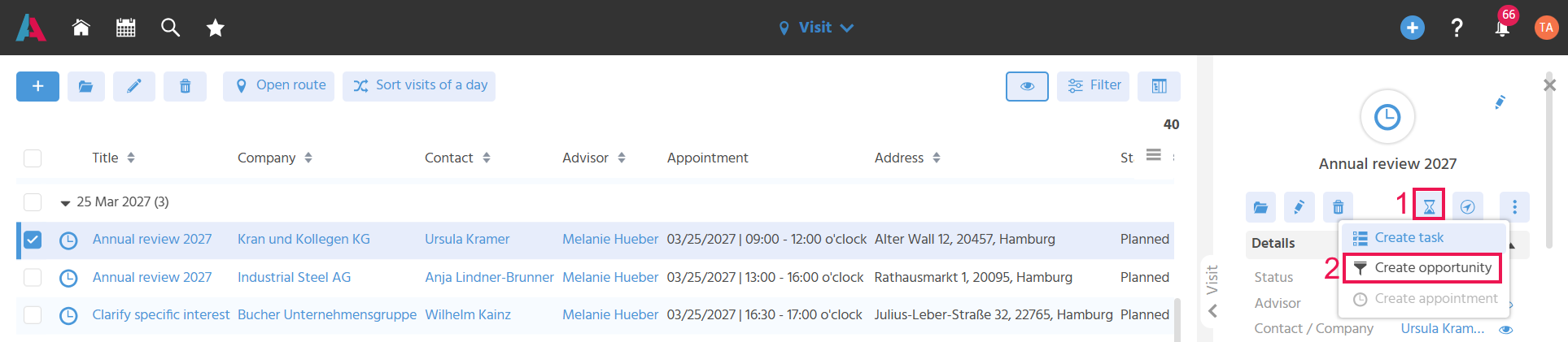 This shows the FilterView of the Context "Visit". One record is selected. In the preview of the selected record, "Further Actions" is open. The Action "Create Opportunity" under "Further Actions" and the Action "New Activity" in the Action bar are outlined in red.