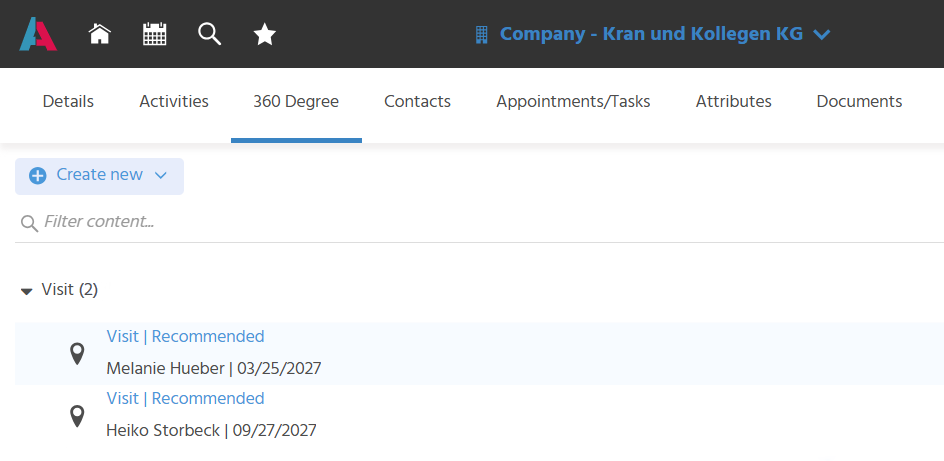 This shows the "360 Degree" tab of the Context "Company". Two visits are displayed in the 360 Degree view, each with the status, supervisor and date of the visit.