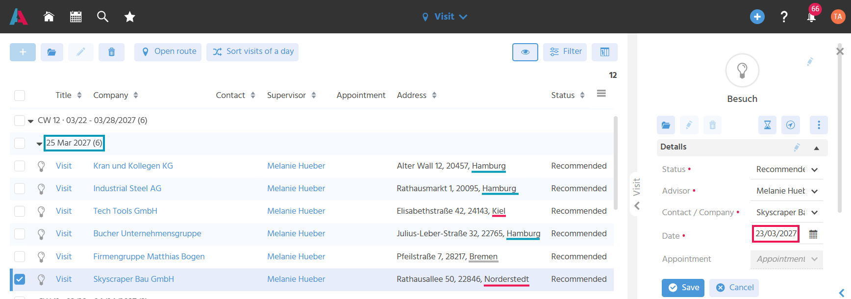 This shows the FilterView of the Context "Visit" grouped by calendar week and date. One record is selected, and the detail view of the record is displayed in edit mode in the preview. The "Date" field is outlined in red to highlight it visually.