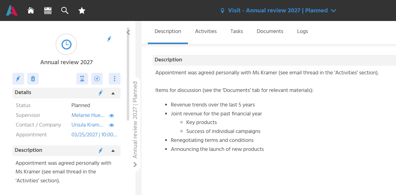 This shows the MainView of a visit. The title is "Annual Meeting 2027", the status is "Planned", and in addition to the company, the contact being visited is also assigned. The description notes what is to be discussed at the annual meeting.