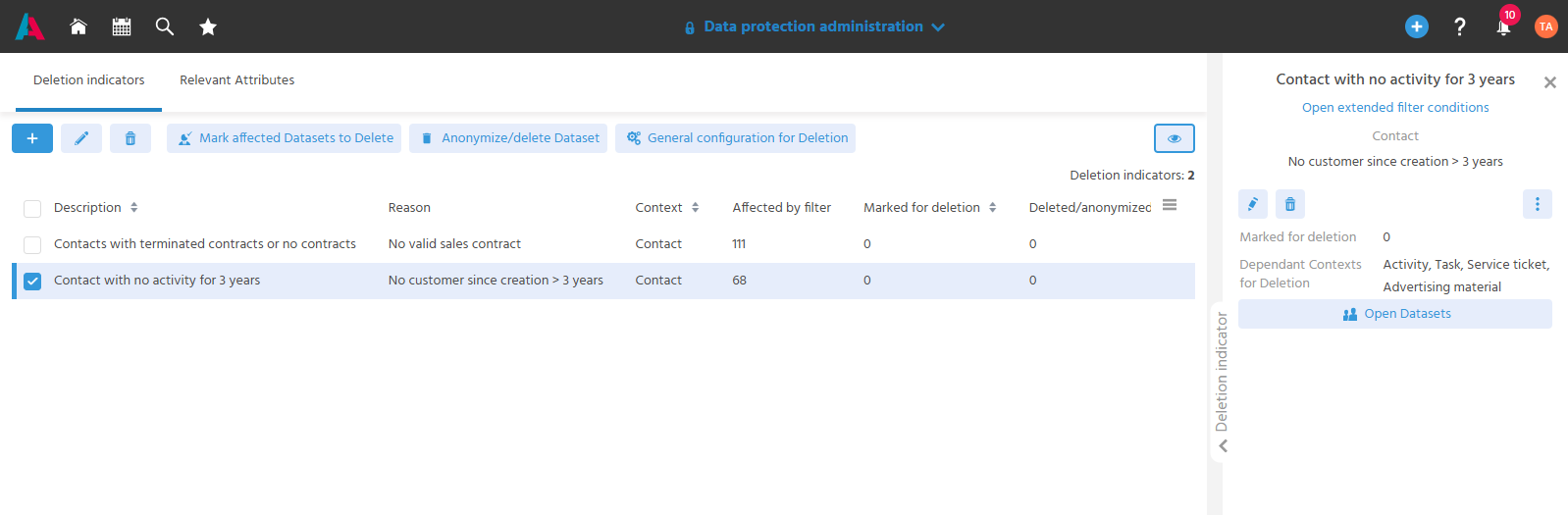The "Deletion indicators" tab listing all deletion indicators configured in the system (e.g. "Contacts with terminated contracts or no contracts", "Contact with no activity for 3 years") and the preview of a selected deletion indicator