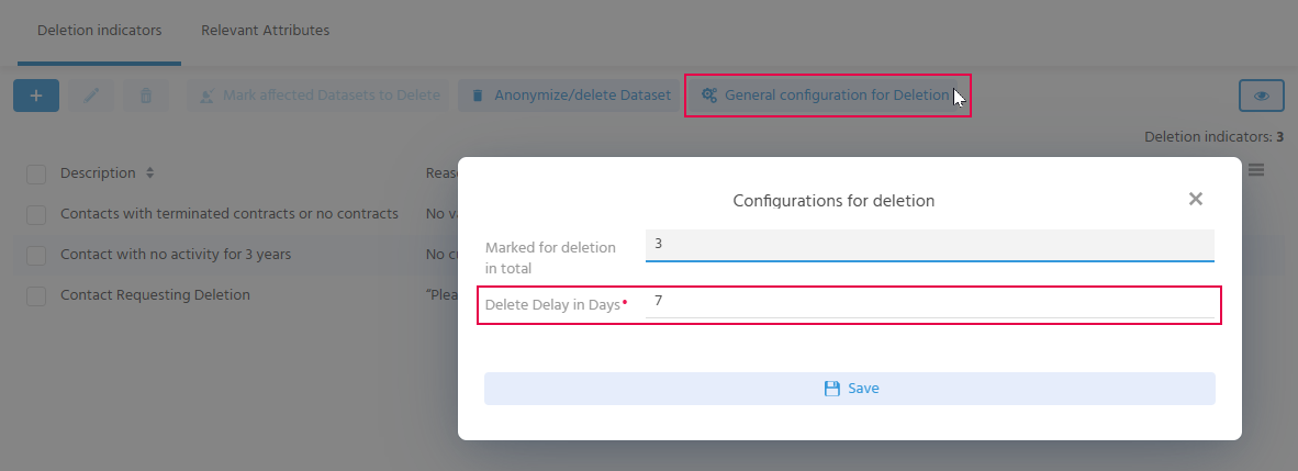 The "Configurations for deletion" dialog with the fields "Marked for deletion in total" and "Delete Delay in Days" and the "Save" button