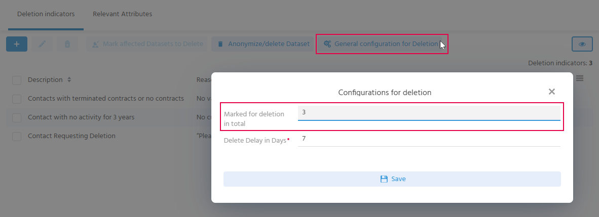 The "Configurations for deletion" dialog with the fields "Marked for deletion in total" and "Delete Delay in Days"