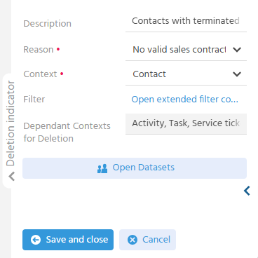 Input mask of a deletion indicator with the fields "Description", "Reason", "Context", "Filter" (link "Open extended filter conditions") and "Dependant Contexts for Deletion" as well as the "Open Datasets" button