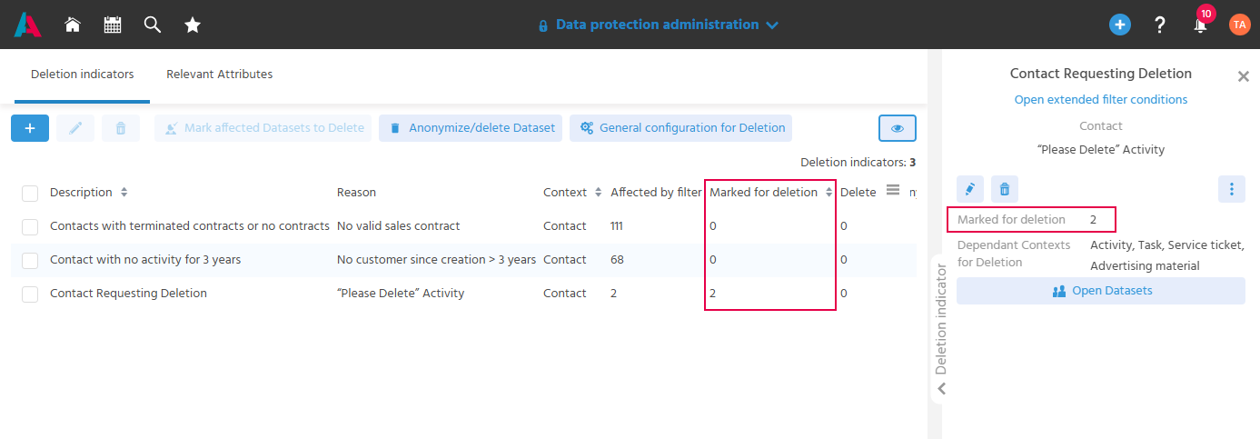Table of deletion indicators with the column "Marked for deletion" and the preview of a deletion indicator