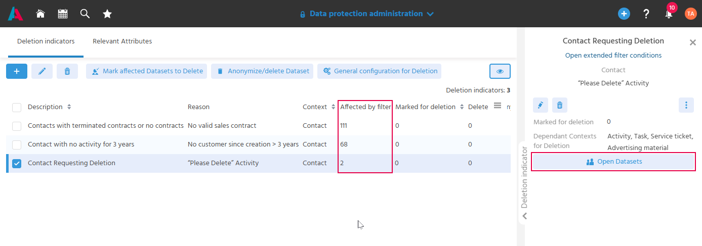 Deletion indicators with the column "Affected by filter" and the preview of a deletion indicator with the "Open Datasets" button