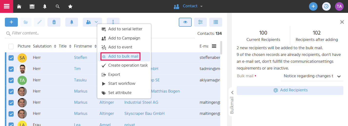 Dialog "Add to Bulk Mail" in ADITO xRM with selection of a bulk mail and display of the number of recipients to be added and excluded