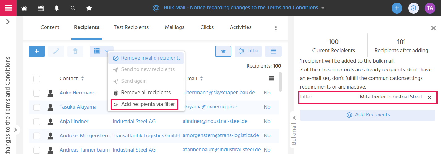 Dialog "Add Recipients via Filter" in ADITO xRM with saved filters from the Contexts "Contact" and "Company" for selecting a recipient group