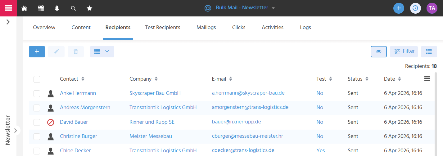 Tab "Recipients" of a bulk mail in ADITO xRM with the recipient list and status display