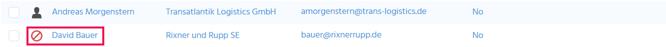 Tab "Recipients" of a bulk mail in ADITO xRM with prohibition icon for invalid recipients without an e-mail address or without matching communication settings