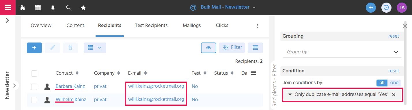 Tab "Recipients" of a bulk mail in ADITO xRM with activated filter condition "Only duplicate e-mail addresses equals Yes" to display duplicate addresses