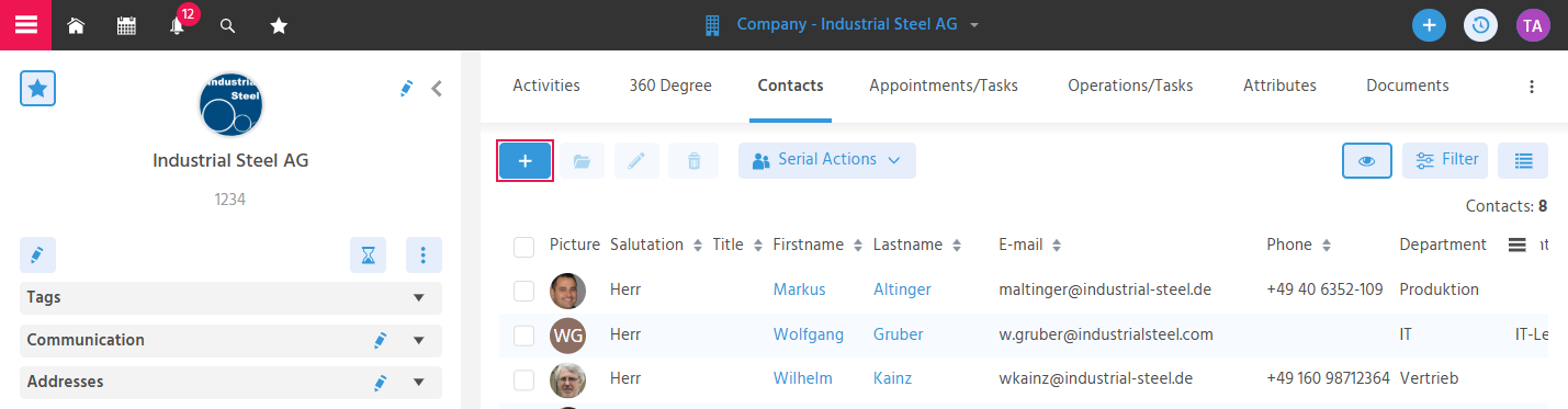 Create button in the "Contacts" tab