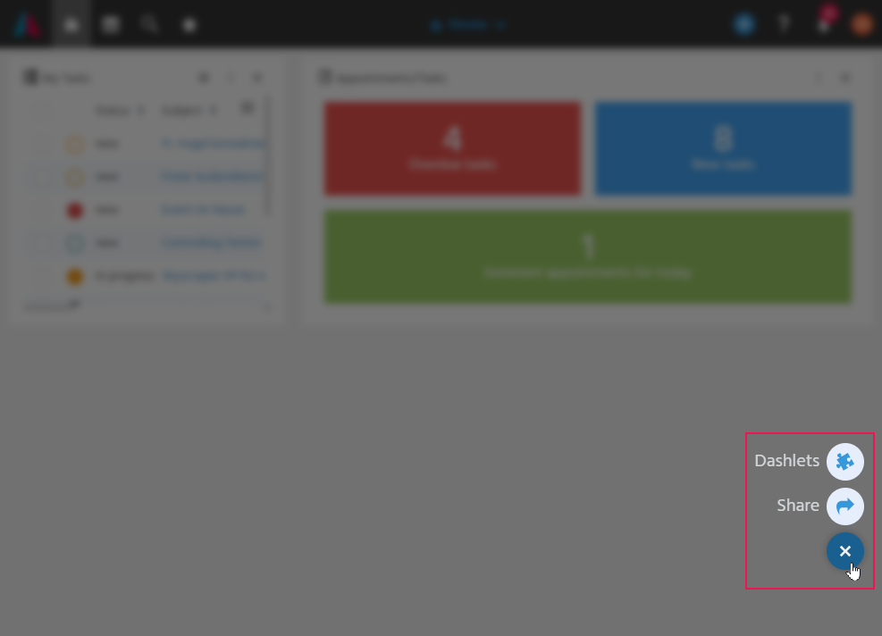 Expanded Floating Action Button with the Dashlets and share buttons