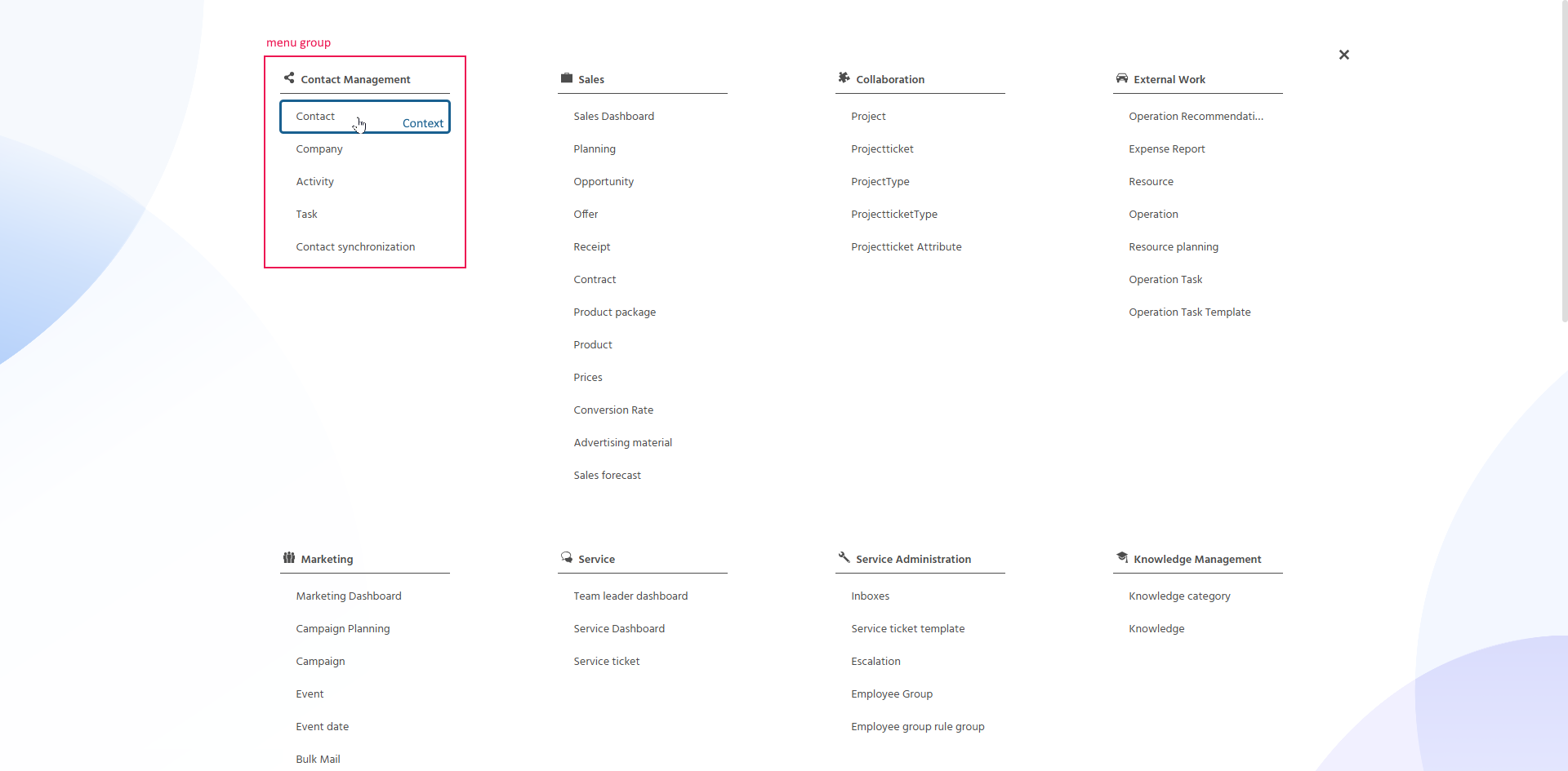 Global Menu with several menu groups and the Contexts listed underneath