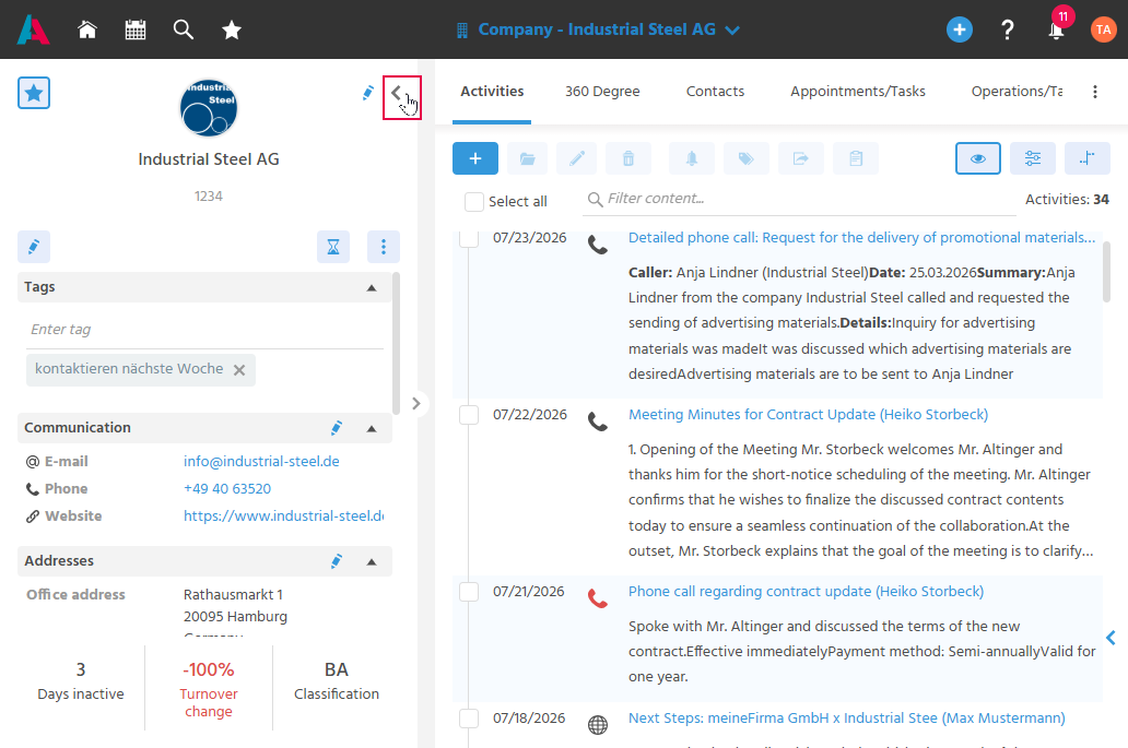 MainView of a record with tabs, on the left the collapsible Preview