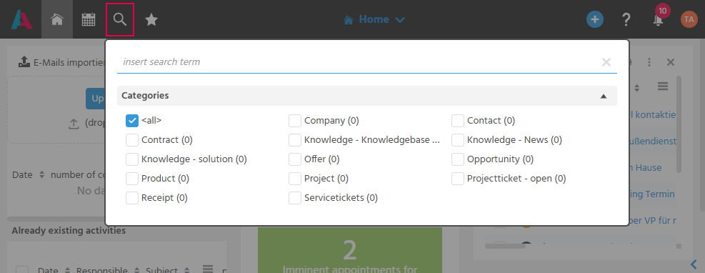 Starting the index search via the Global Bar