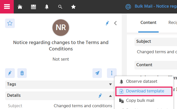 Preview of a bulk mail in ADITO xRM with the highlighted Action "Download Template" for saving the used document template