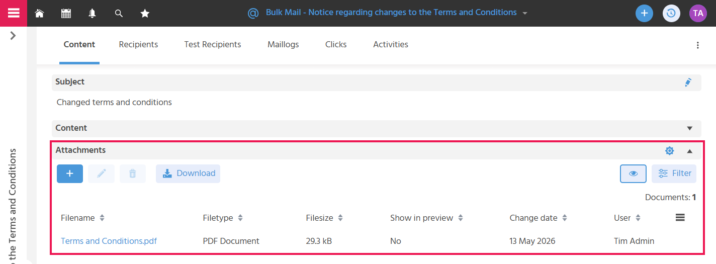 EditView of a bulk mail in ADITO xRM with an attachment area for uploading documents to be sent together with the bulk mail