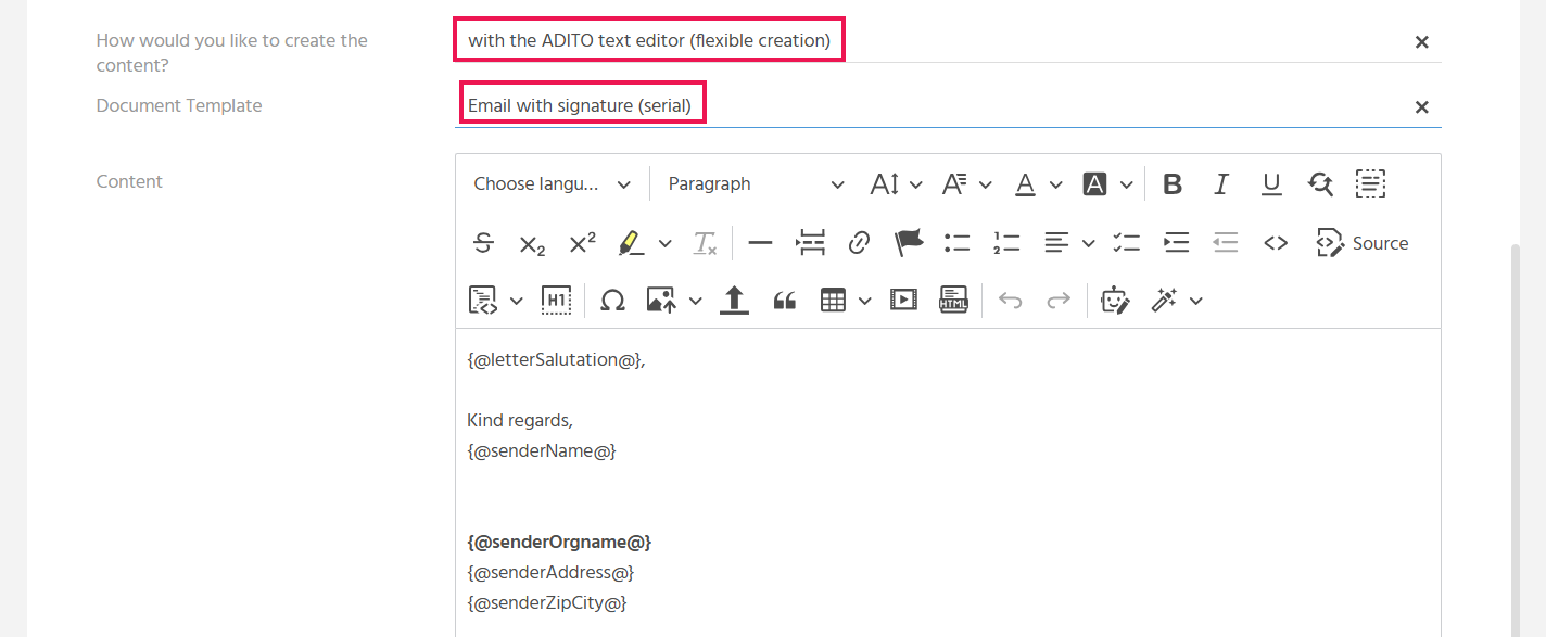 EditView of a bulk mail in ADITO xRM with the selected text editor and a selected document template of type "E-Mail"