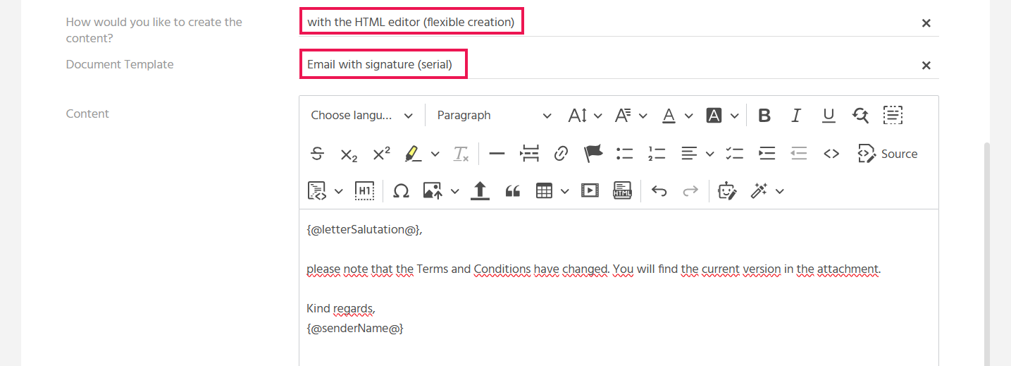 EditView of a bulk mail in ADITO xRM with the selected text editor and a selected document template of type "E-Mail"
