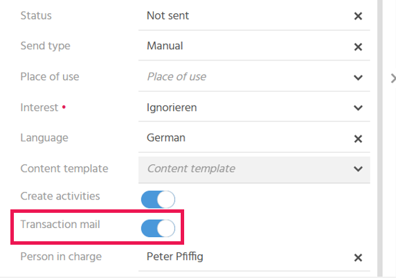 Preview of a bulk mail in ADITO xRM with the highlighted toggle button "Transaction mail" for controlling the e-mail header