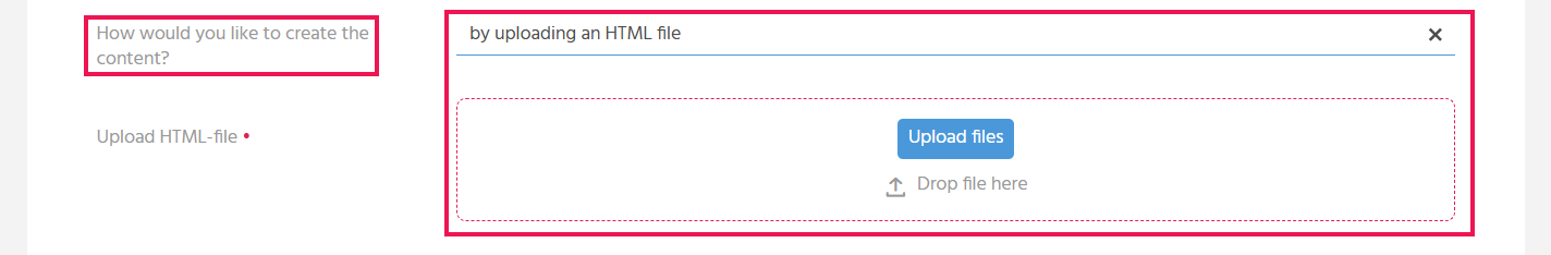 EditView of a bulk mail in ADITO xRM with the open upload area for uploading an external HTML file as bulk mail content
