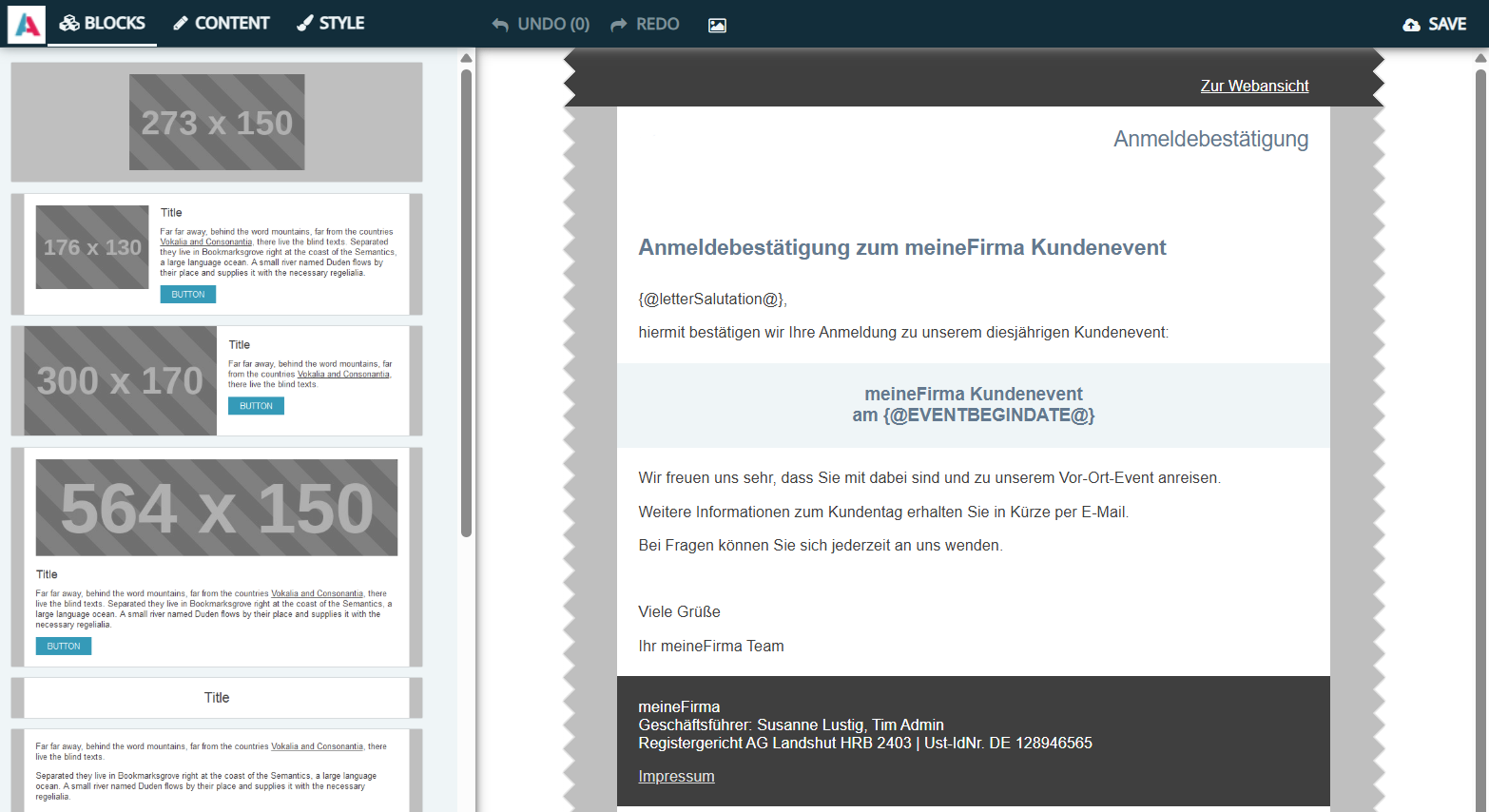 Opened Mosaico Editor in ADITO xRM with the content of the selected content template for individual editing