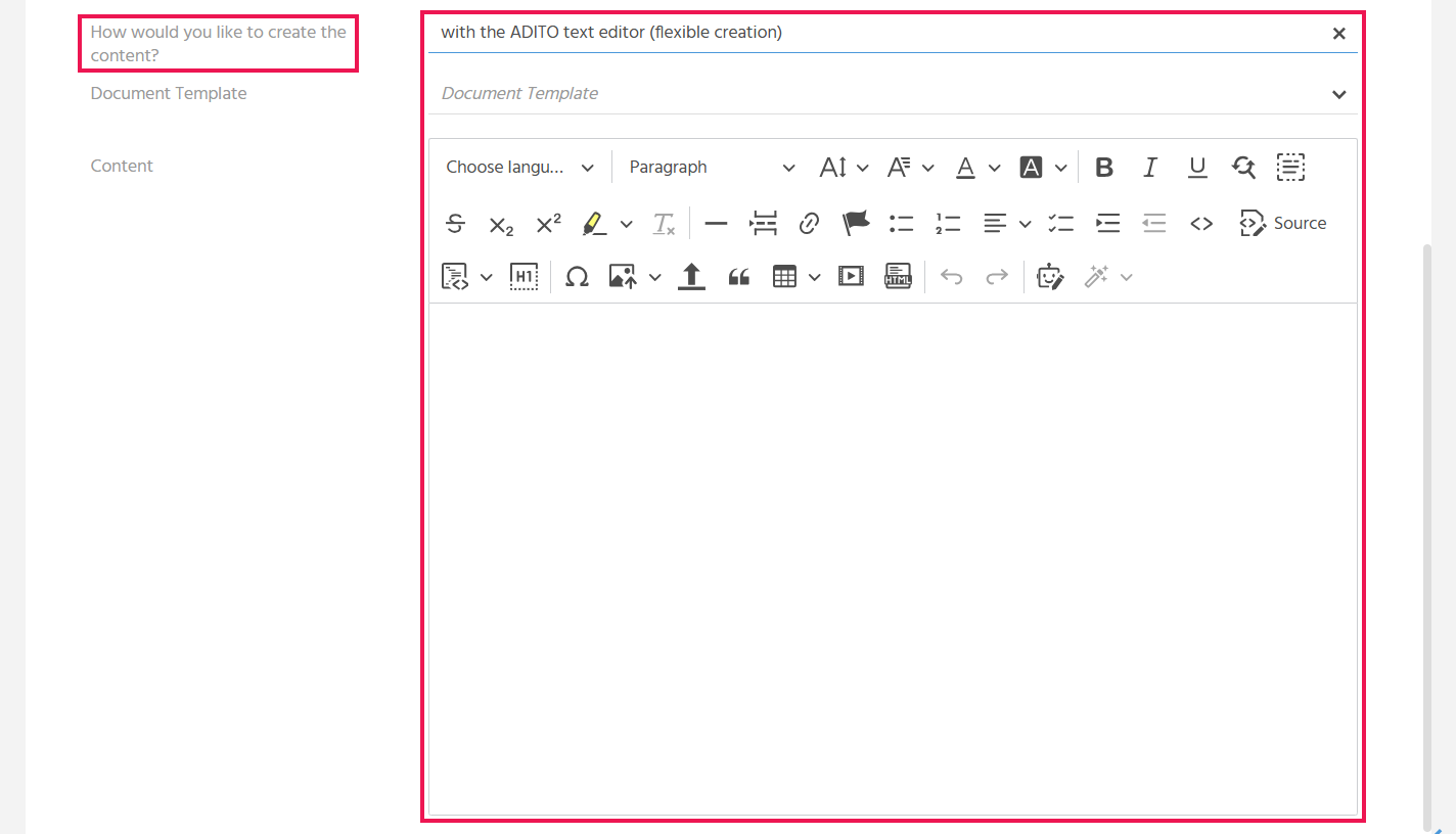 EditView of a bulk mail in ADITO xRM with the displayed HTML-Editor for the flexible creation of bulk mail content without a design template