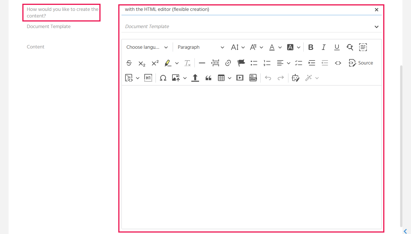 EditView of a bulk mail in ADITO xRM with the displayed HTML-Editor for the flexible creation of bulk mail content without a design template