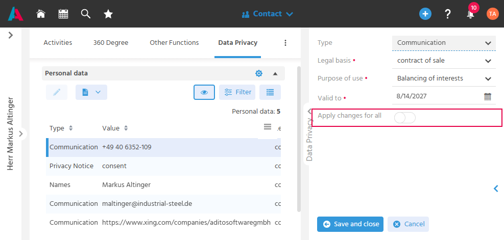 Data Privacy tab