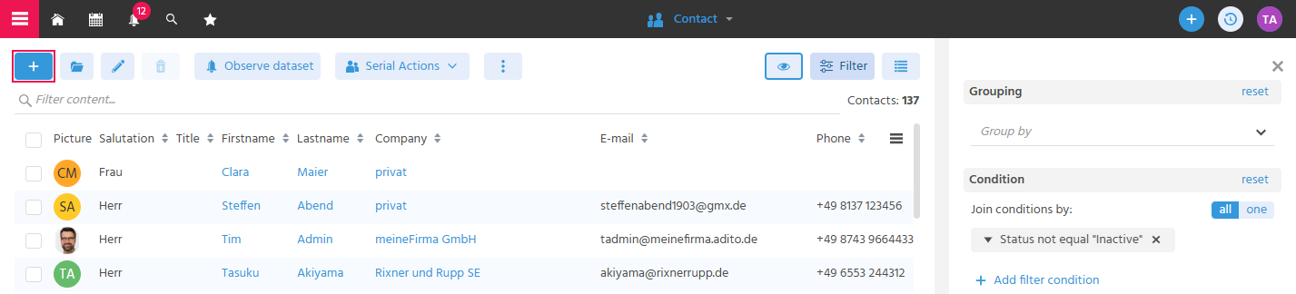 Create button in the Contact FilterView