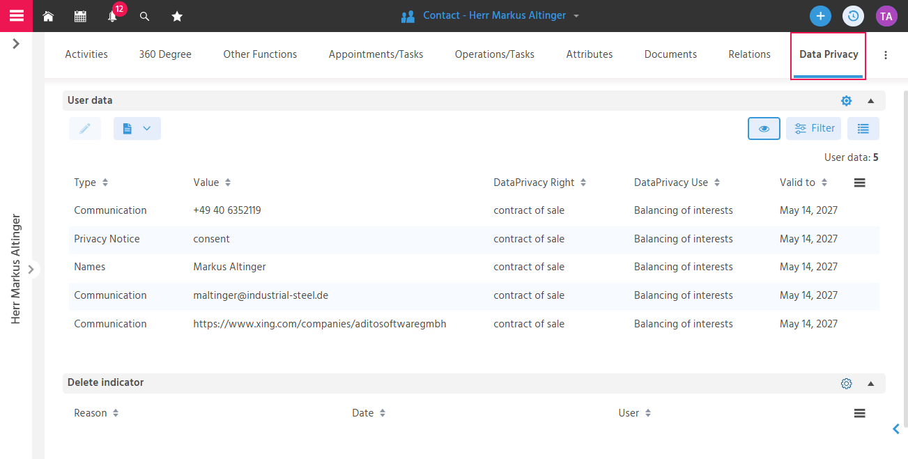 Data Privacy tab