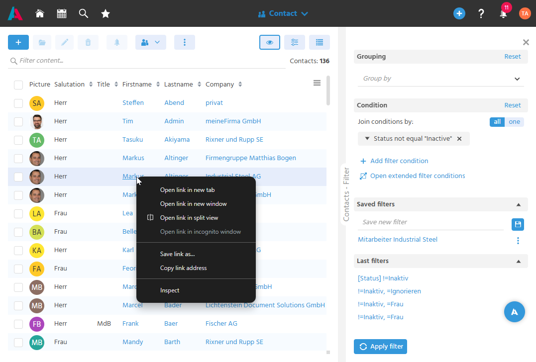 Copying the link of a record via the context menu