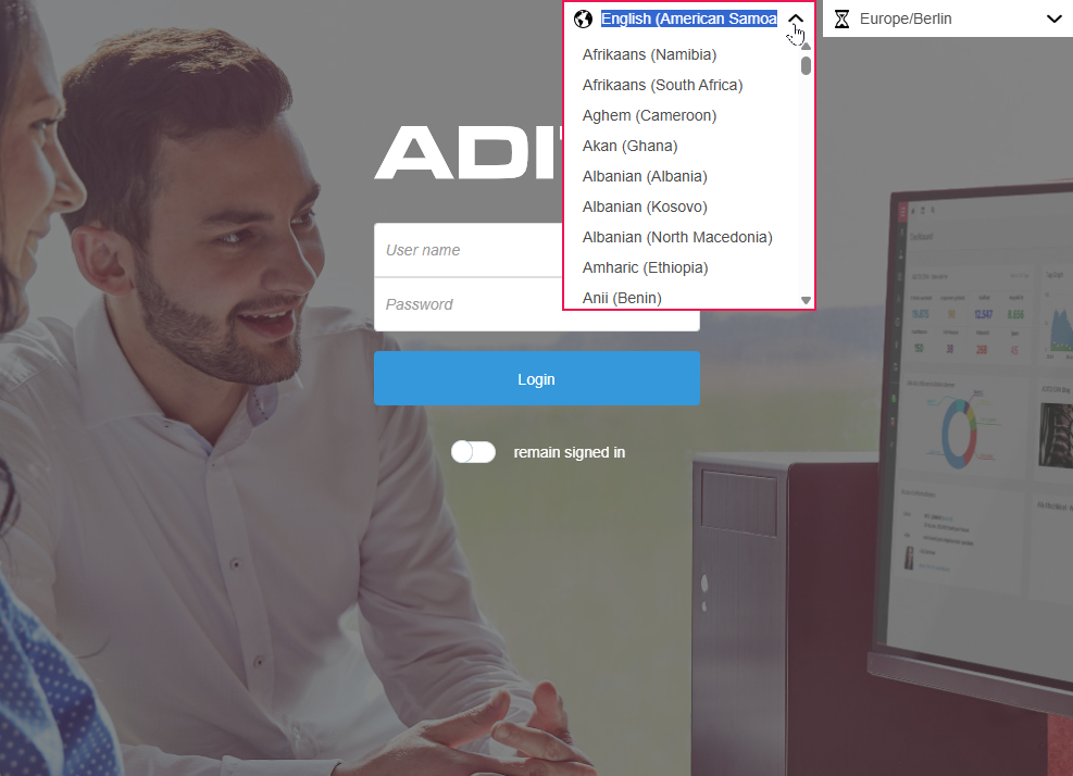 Login screen; top right dropdown for language selection ("German (Germany)") next to the field for the timezone
