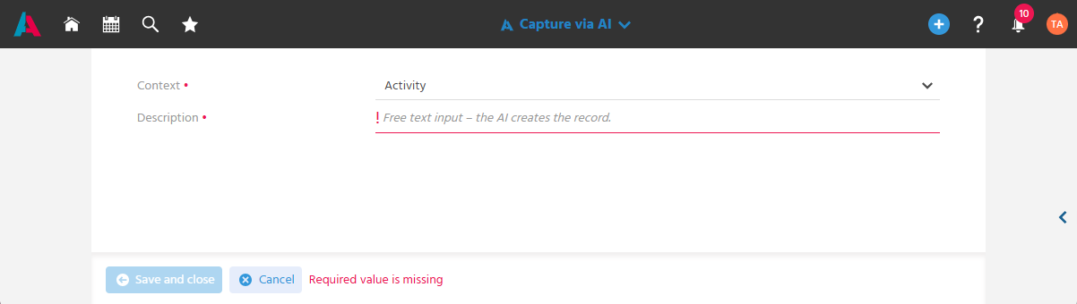 "Capture via AI" edit view in ADITO xRM with the "Context" selection field and the "Description" input field for free text entry